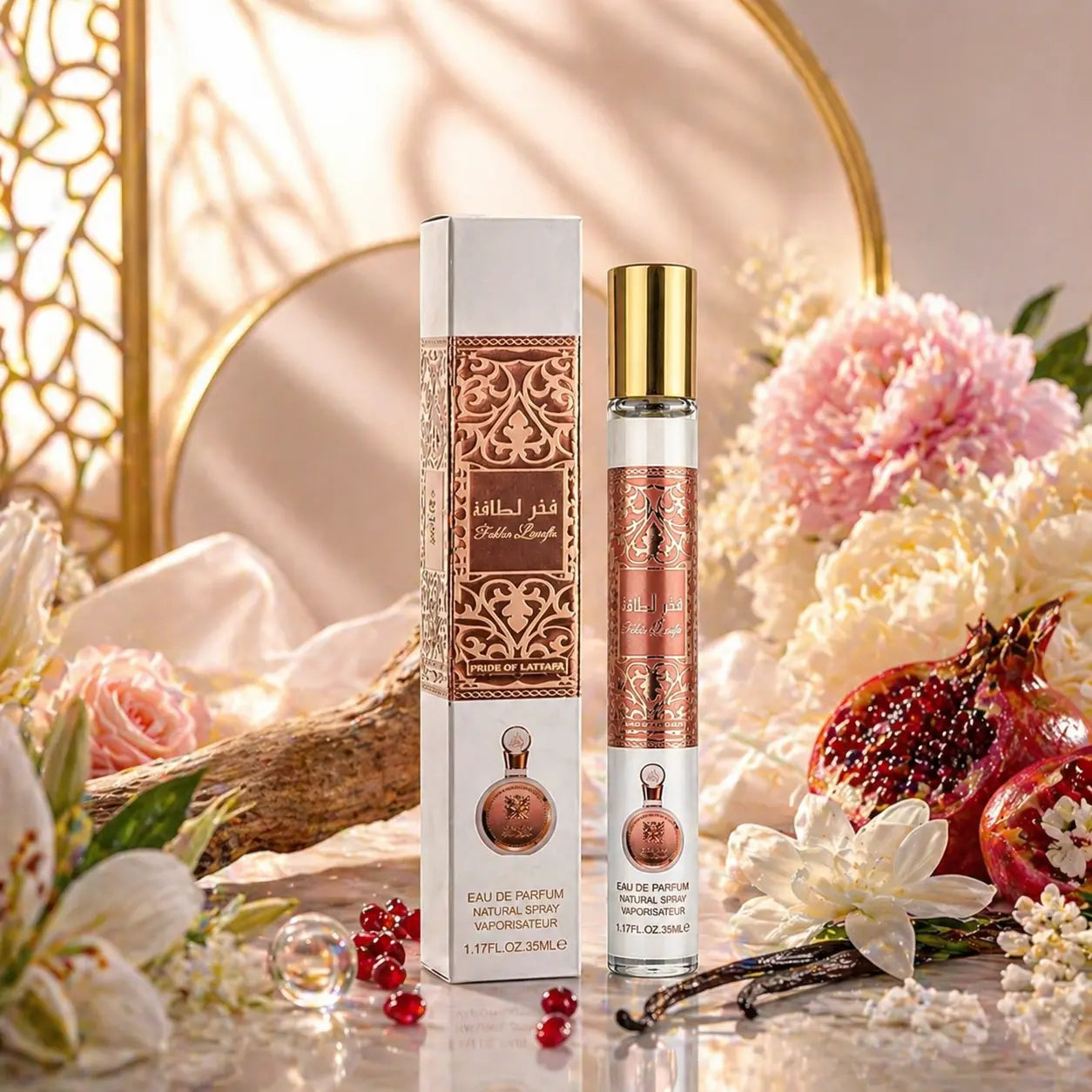 Fakhar Rose Gold Lattafa 35 ml parfum pour femme élégant flacon luxe détail packaging