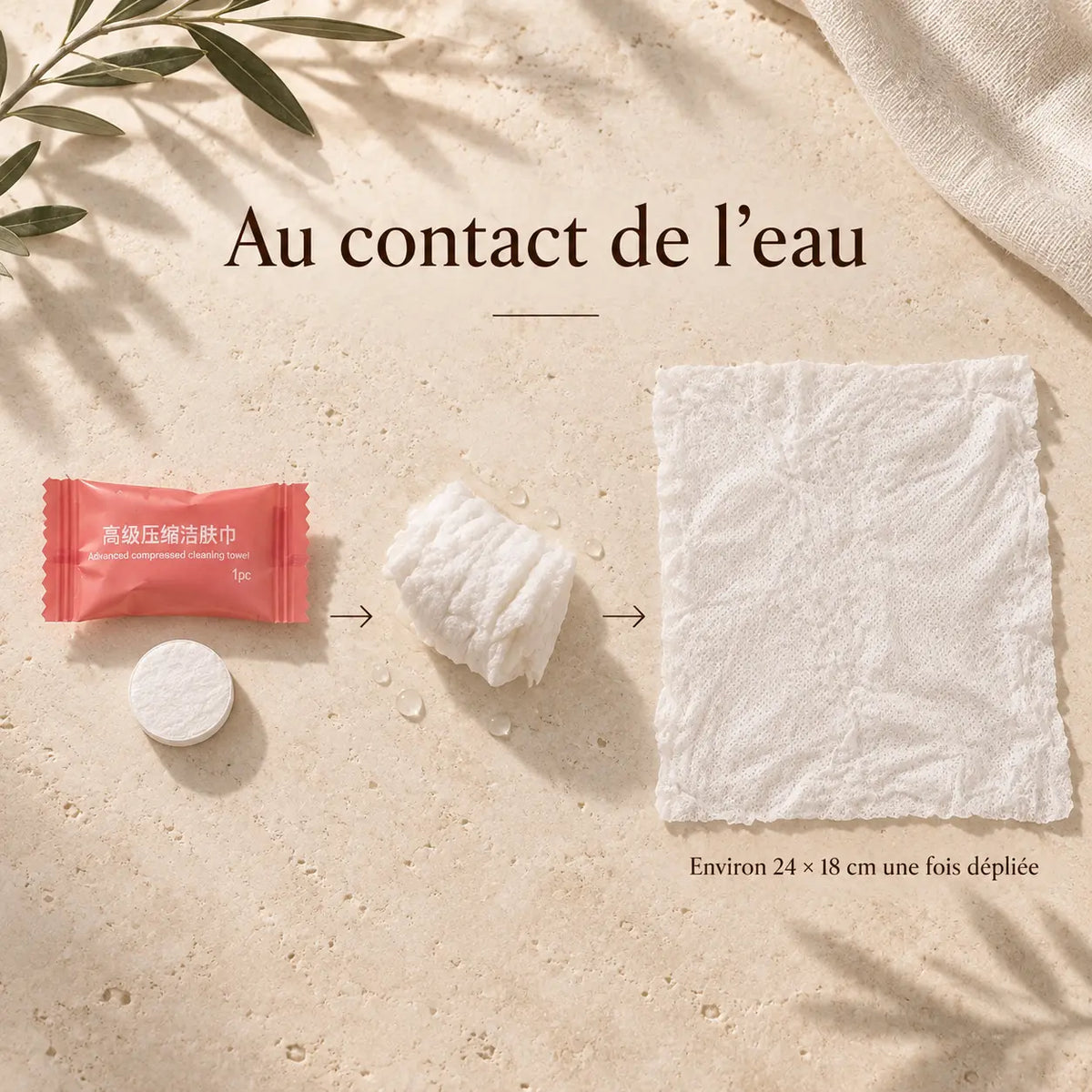 Lingette compressée se déployant au contact de l’eau, environ 24 × 18 cm
